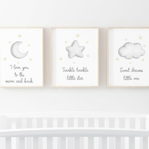 Moon Stars Cloud Prints,Nursery Print,Nursery Wall Decor, Nursery Decor, Neutral Nursery Print, Little star,Gray Yellow Nursery Room Decor