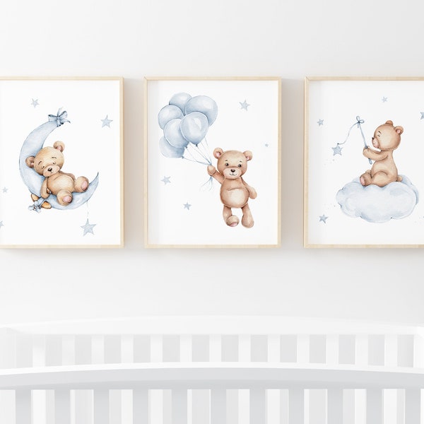 Lot de 3 ours en peluche, décoration de chambre d'ours, impression de bébé garçon, impression nouveau-né, affiche de chambre de bébé bleu clair, décoration murale de chambre d'enfant ballon