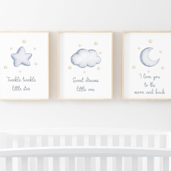 Set of 3 Moon Stars Cloud Prints,Baby Boy Print,Nursery Wall DecorNew Baby Printable, Nursery Decor, Neutral Nursery Print, Little star,Blue