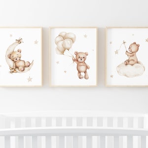 Set of 3 beige brown teddy bear printable for neutral nursery decoration.
