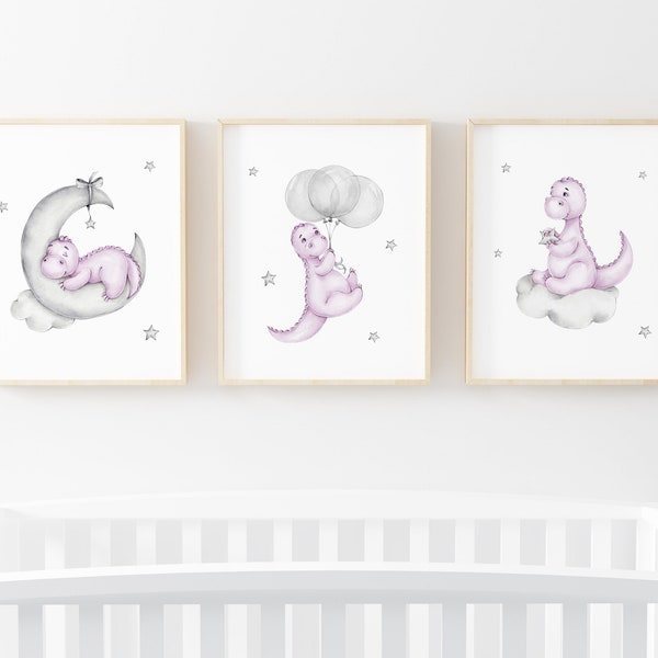 Set of 3 Dinosaur Print,Dino Nursery Decor,Nursery Wall Decor,Baby Girl Print, Purple Grey Nursery Poster,Neutral Nursery Print