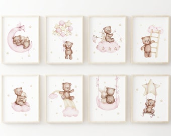 Teddy Bear Print,Bear Nursery Decor,Nursery Wall Decor,Baby Girl Print,Bunny Print,Pink Yellow Nursery Decor,Pink Nursery Print,