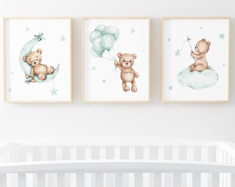 Set of 3 Teddy Bear Print,Bear Nursery Decor,Baby Boy Print,New Baby Printable, Mint Nursery Poster,Balloon Nursery Wall Decor,Nursery Print