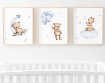 Set di 3 stampe con orsacchiotti, decorazioni per la cameretta degli orsi, stampe per neonati, stampabile per il neonato, poster azzurro per la cameretta dei bambini, decorazione da parete per la cameretta dei bambini con palloncini