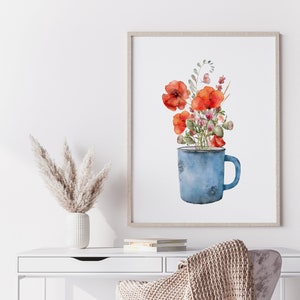 Poppy flower print, Nature Wall Art, Poppy floral poster, Watercolor Wild flower print, Poppy Poster, Watercolor Poppy print, poppy in a mug