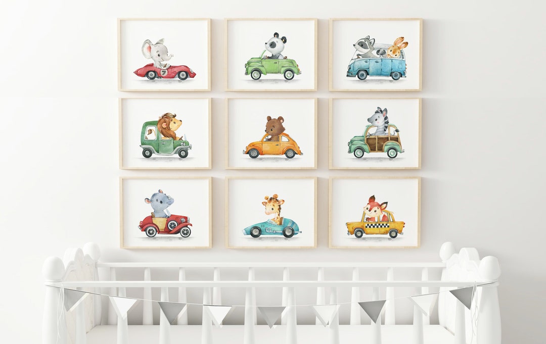 Animal Cars Prints, Transport Nursery Print,race Car Nursery Decor