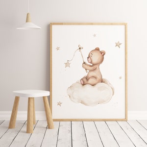 Watercolor teddy bear on cloud with beige stars