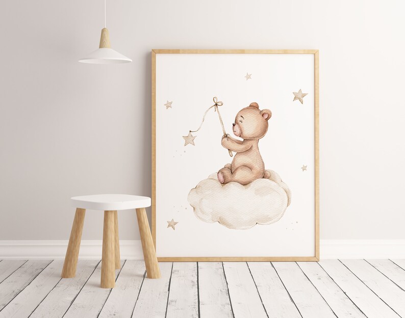 Watercolor teddy bear on cloud with beige stars