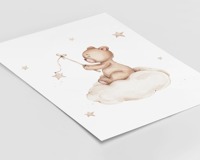 Brown teddy bear on the beige  cloud with stars