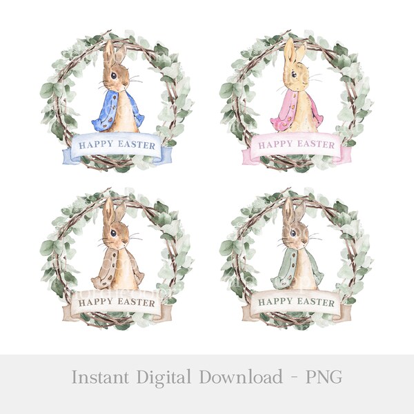 Blue and Pink Rabbit Happy Easter Wreath PNG,Easter Bunny Sublimation Design,Easter Wreath PNG,Easter Design Rabbit PNG, Happy Easter Rabbit