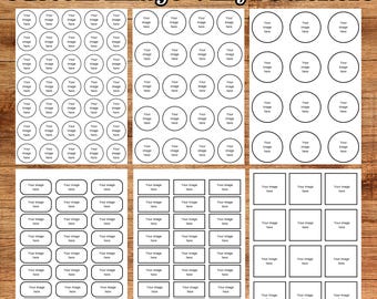May include: Three sheets of white sticker paper with black outlines of various shapes and sizes. The shapes include circles, ovals, and squares. The text "Your image here" is written in each shape.
