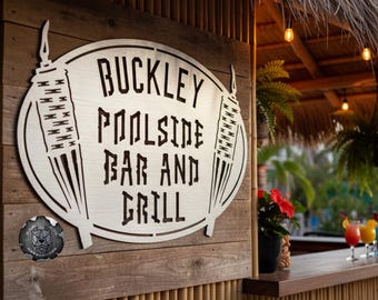 Poolside Bar and Grill Monogram Personalized Metal Sign - Bad Dog Metalworks Home Decor