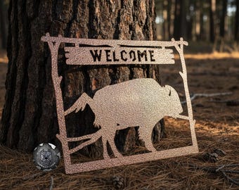 Wildlife Mountain Buffalo Welcome Sign - Bad Dog Metalworks Home Décor - Country Cabin Décor - Bison Decor Buffalo Decor - Western Decor