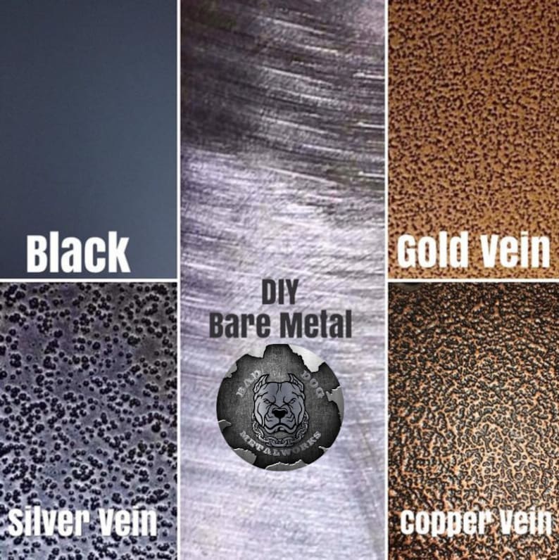 Puede incluir: Imagen que muestra acabados met&aacute;licos: Negro, Veta dorada, Veta de cobre, Veta plateada y Metal en bruto. Se muestra el texto "DIY Bare Metal", junto con un logotipo con un bulldog. Los acabados ofrecen diversas texturas y colores.