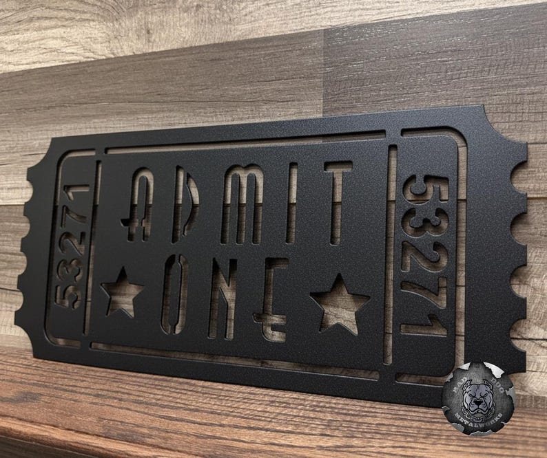 Admit One Retro Movie Ticket - Bad Dog Metalworks Theater Decor - Movie Theater Signs - Movie Decor and Gifts - Man Cave - Theater Wall Art Wrinkle Black