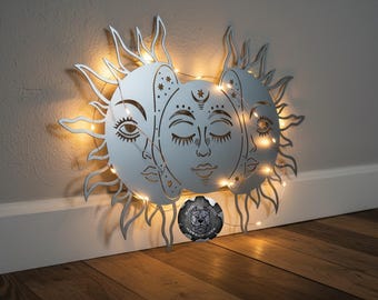 Triple Moon Goddess Metal Wall Art, Bad Dog Metalworks Celestial Sun and Moon Face Sign, Boho Spiritual Decor, Wiccan Lunar Phases Wall Art