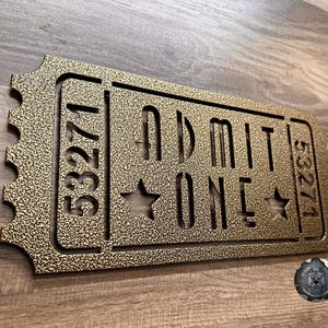 Admit One Retro Movie Ticket - Bad Dog Metalworks Theater Decor - Movie Theater Signs - Movie Decor and Gifts - Man Cave - Theater Wall Art Gold Vein