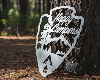 Happy Campers Arrowhead Metal Art - Bad Dog Metalworks Home Decor - Camping Gifts - Nature Lovers - Van Life Gifts - RV Decor Arrowhead Art