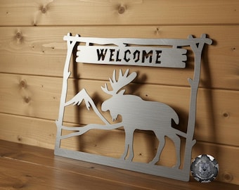 Wildlife Mountain Moose Welcome Sign - Bad Dog Metalworks Home Décor - Country Cabin Décor - Moose Hunting Cabin - Man Cave Moose Decor