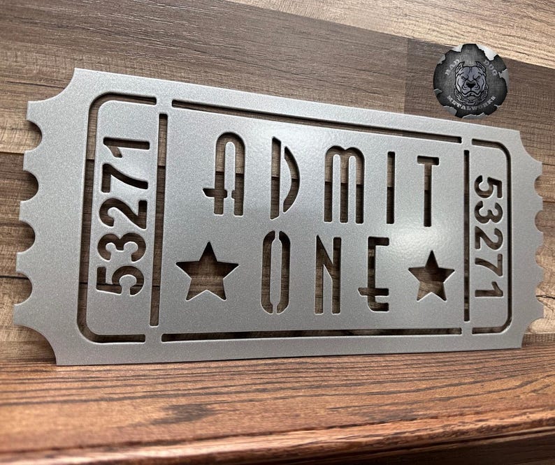Admit One Retro Movie Ticket - Bad Dog Metalworks Theater Decor - Movie Theater Signs - Movie Decor and Gifts - Man Cave - Theater Wall Art Alloy Silver