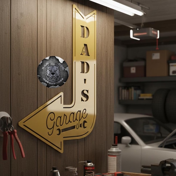 Dad's Garage Arrow Retro Sign - Bad Dog Metalworks Home Decor - Man Cave Decor - Gifts for Him - Father's Day Gifts - Mechanic's Garage Sign