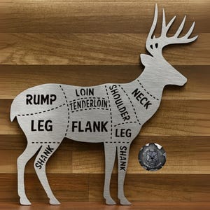May include: A silver-colored deer-shaped butcher chart with labeled cuts of meat, including rump, loin, and shank. The chart is set against a wooden background, with a circular emblem at the bottom right.