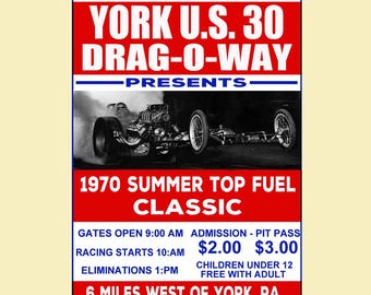 1960's York U.S. 30 Drag-O-Way Drag Strip Vintage Drag Racing Poster Print