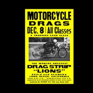 1960&#39;s Lions Dragstrip Motorcycle Drag Racing - Long Beach California - Vintage Drag Racing Poster Print