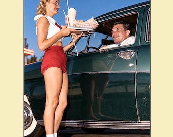 1950s Drive In Restaurant Car Hop Print • 8.5x11 Retro Style Vintage Print