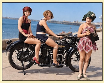 1930s Beach Girls & Vintage Motorcycle Print • 8.5x11 Retro Style Vintage Print