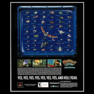 May include: An advertisement for a video game, featuring a blue display of various spacecraft. Below, there are screenshots of gameplay and the text "YES, YES, YES, YES, YES, YES, YES, AND HELL YEAH."