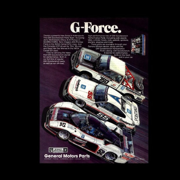 1987 GM Goodwrench Parts Race Cars Original Magazine Ad - Pontiac Fiero - Corvette GTP - Chevy NASCAR Race Truck Featured