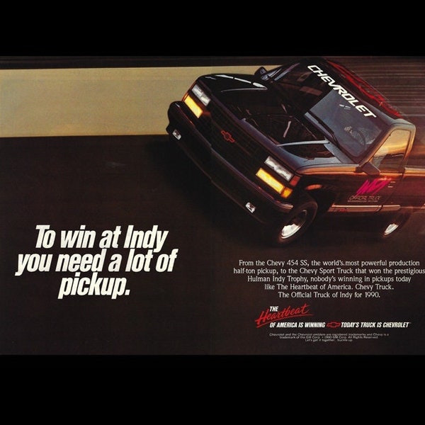 1990 Chevy 454 SS Indy Pace Car Edition Pick Up Truck Original Magazine Ad