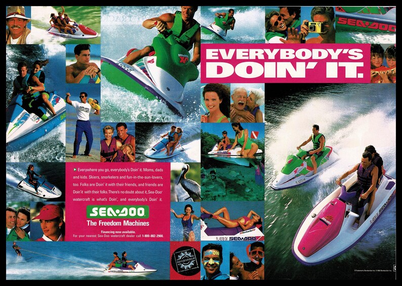 May include: A collage of images featuring people enjoying Sea-Doo watercraft. The advertisement includes the text "EVERYBODY'S DOIN' IT." and "Sea-Doo 400 The Freedom Machines."