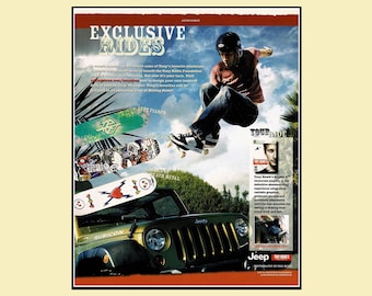 2000's Jeep Wrangler Tony Hawk Championship Skateboarder Magazine Ad • Original 10x12 Print Advertisement
