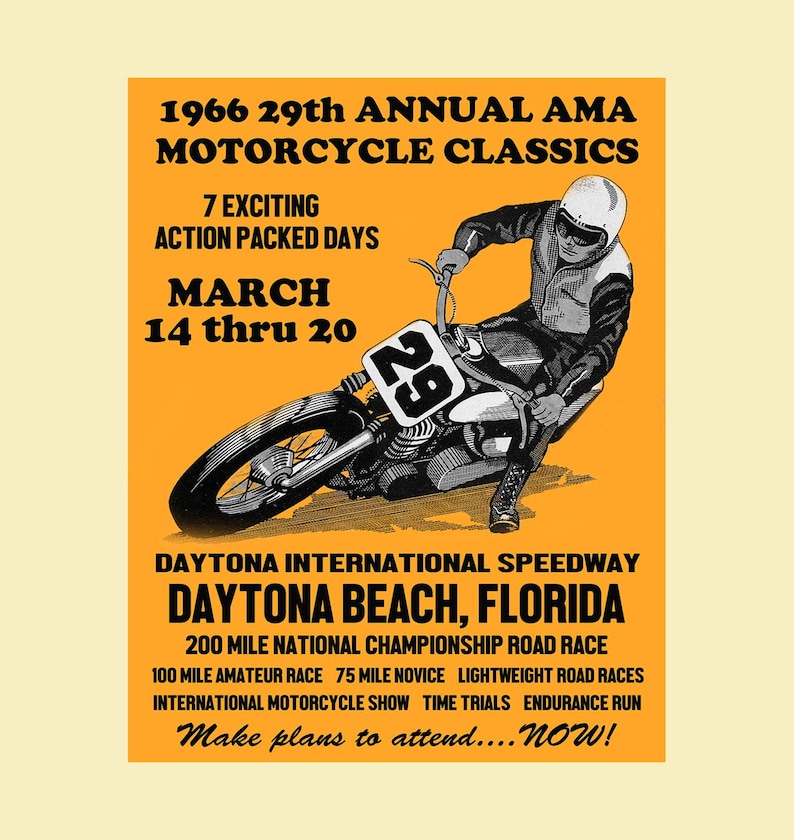1966 Daytona Beach Florida Motorcycle Racing Poster Art Print - Etsy