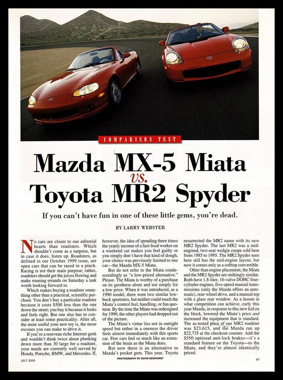 2000 Mazda Miata Vs. Toyota MR2 Original Magazine Comparison