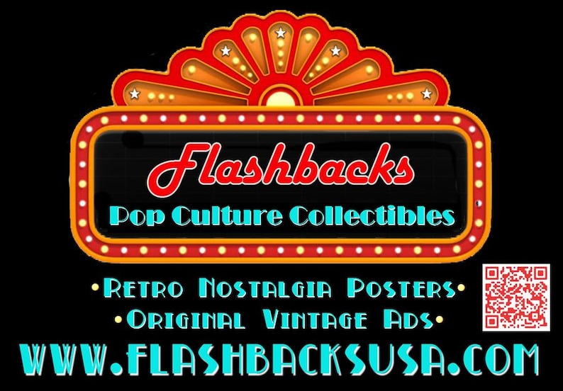 May include: A black background with a retro-style sign that reads "Flashbacks" in red script, advertising "Pop Culture Collectibles." The sign is framed in orange and red with a marquee design. It lists "Retro Nostalgia Posters" and "Original Vintage Ads."