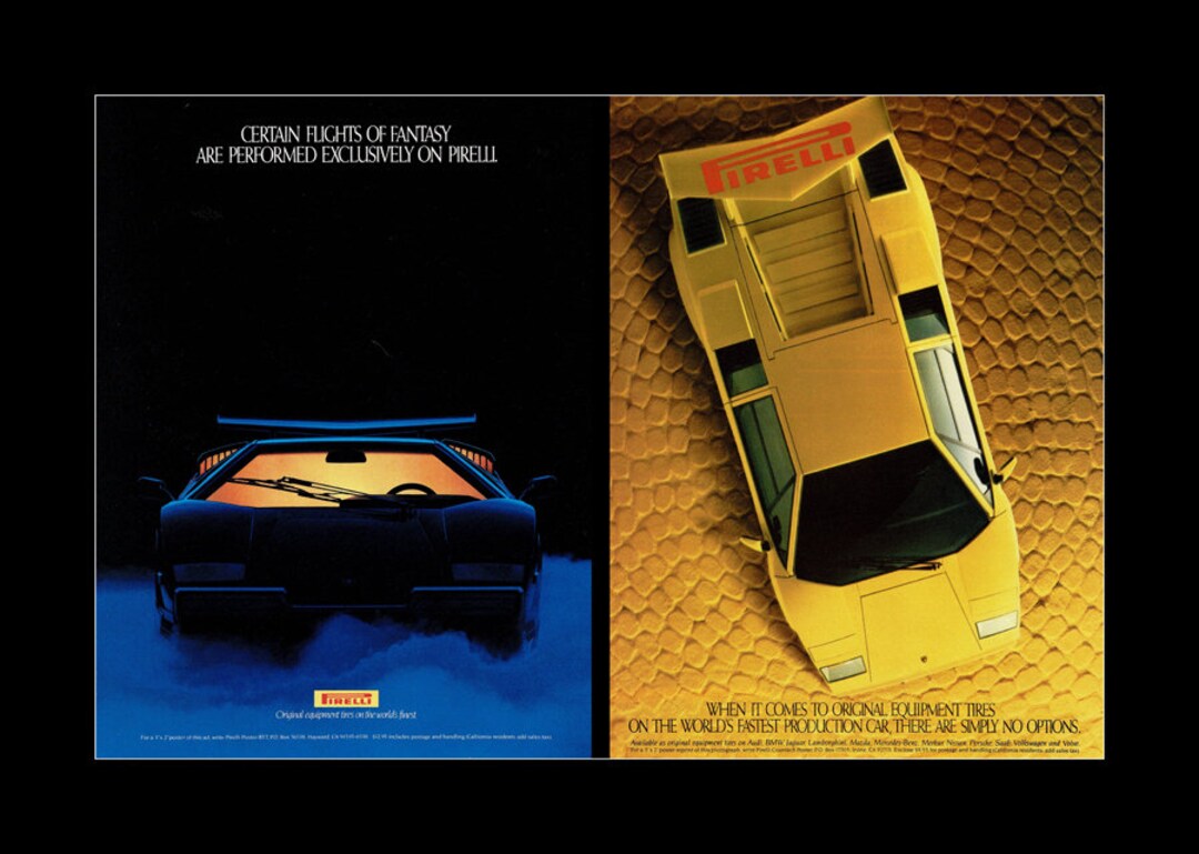 1980's Lamborghini Countach Original Magazine Ads - Pirelli Tires - 2 ...