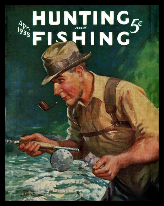 1935 Hunting & Fishing Magazine Cover Retro Art Print Vintage Magazine  Cover Illustration Art 