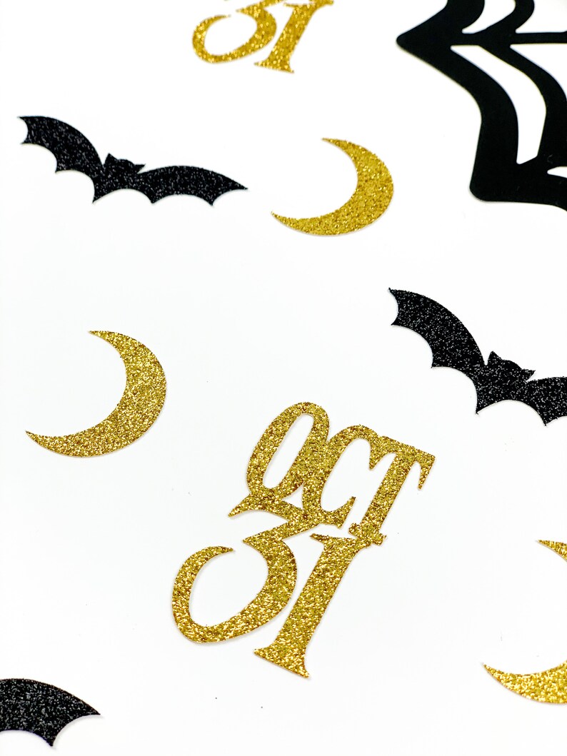 Glam Halloween Decoration Bats and Moons Confetti Glitter Black and Gold Halloween party Table Decor 80 pcs. Halloween Confetti Oct 31