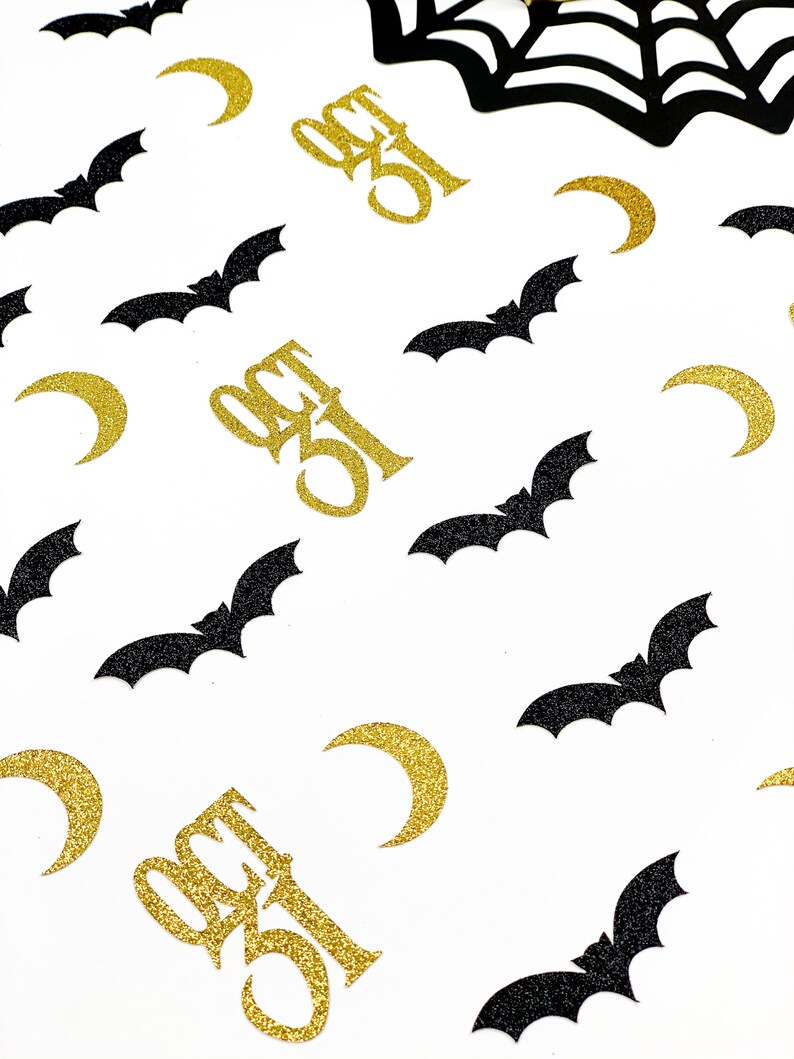 Glam Halloween Decoration Bats and Moons Confetti Glitter Black and Gold Halloween party Table Decor 80 pcs. Halloween Confetti Oct 31