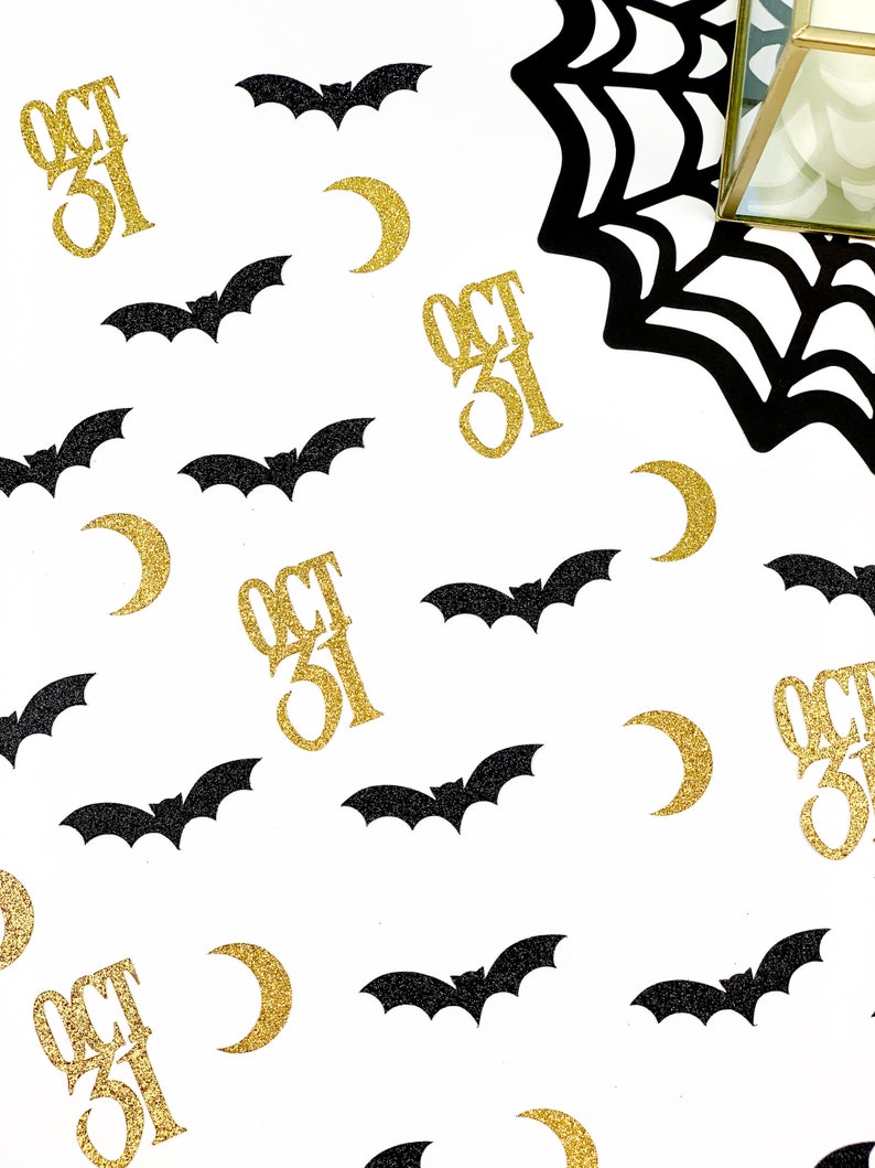 Glam Halloween Decoration Bats and Moons Confetti Glitter Black and Gold Halloween party Table Decor 80 pcs. Halloween Confetti Oct 31
