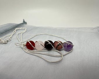 Attract love wire wrapped necklace copper gemstone pendant genuine crystal healing jewelry rose quartz amethyst rhodonite red agate garnet