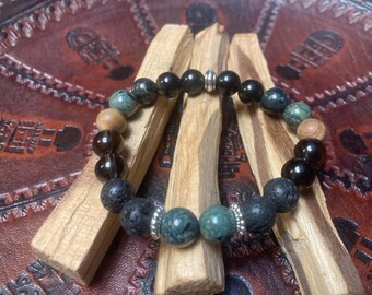Pulsera para senderismo, acampada, actividades al aire libre, conexión a tierra, elemento tierra, joyería, jaspe Kambaba, obsidiana, cuarzo ahumado, cristal, viaje, difusor de aceite de cedro