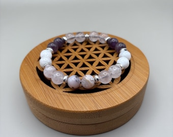 Pulsera de cristal para dama de honor, joyería con cuentas de piedras preciosas: ópalo rosa, cuarzo rosa, piedra lunar, amatista y hematita. Regalos de novia, mala de muñeca.