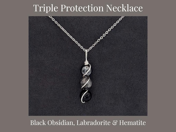 Triple Protection Necklace Copper Wire Wrapped Pendant Empath Support Repel Negativity Amulet Handmade Gift Obsidian Labradorite Hematite