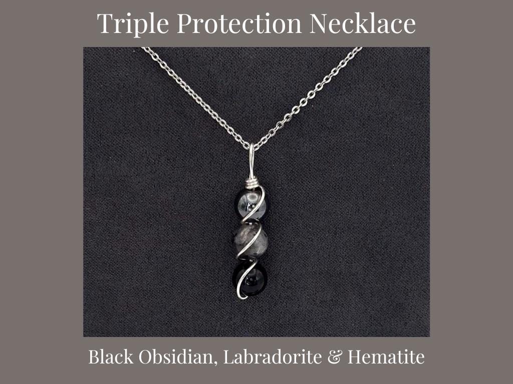 Triple Protection Necklace Copper Wire Wrapped Pendant Empath Support Repel Negativity Amulet Handmade Gift Obsidian Labradorite Hematite