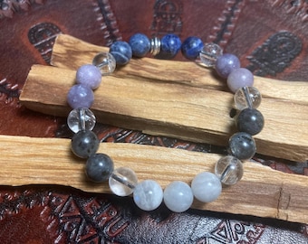 Pulsera de cuentas de piedras preciosas del elemento aire, joyería de cuentas curativas de cristal, sodalita, piedra lunar, cuarzo transparente, lepidolita, labradorita, viento, cielo, céfiro