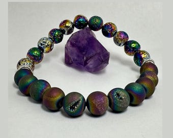 Pulsera de brasas galácticas, aura arcoíris, piedra de lava, ágata drusa, cuentas de piedras preciosas, joyería curativa con cristales, conexión a tierra, protección, paz interior, armonía
